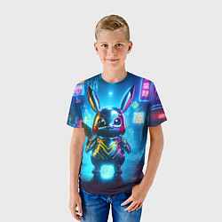 Футболка детская Neon cyber Pikachu made of metal steel - ai art, цвет: 3D-принт — фото 2