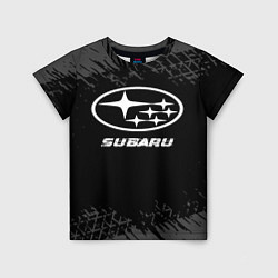 Детская футболка Subaru speed на темном фоне со следами шин