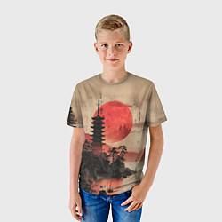 Футболка детская Башня на фоне алого заката - Япония, цвет: 3D-принт — фото 2