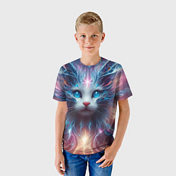 Футболка детская Fantastic blue-eyed neon kitten, цвет: 3D-принт — фото 2
