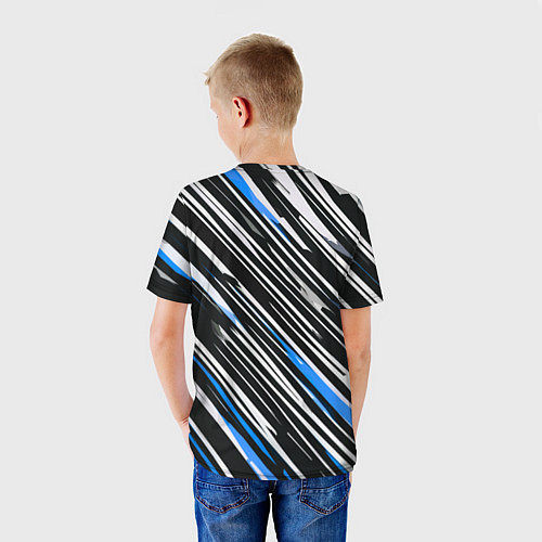Детская футболка Диагональные сине-белые полосы на чёрном фоне / 3D-принт – фото 4