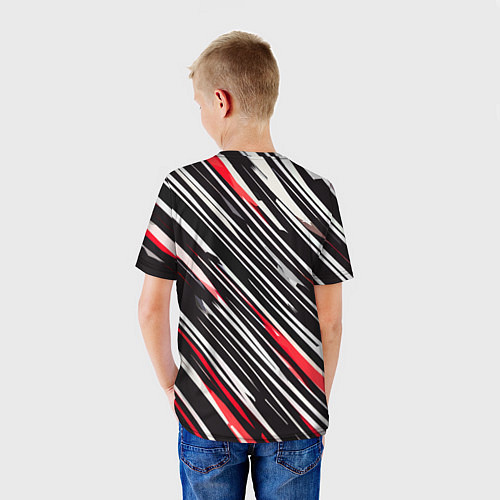Детская футболка Диагональные красно-белые полосы на чёрном фоне / 3D-принт – фото 4