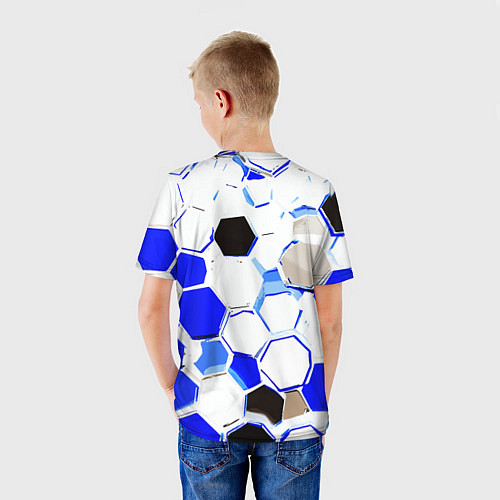 Детская футболка Чёрно-синие шестиугольники на белом фоне / 3D-принт – фото 4