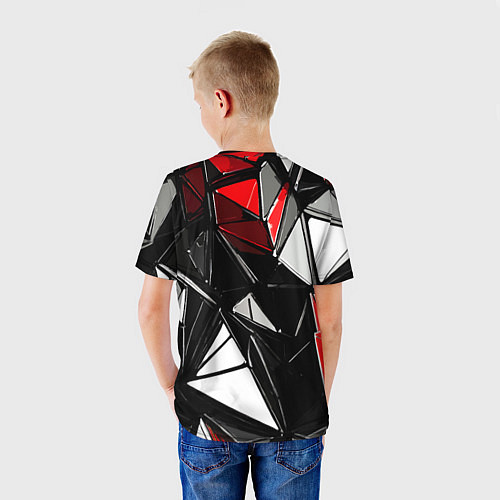 Детская футболка Красно-белые рельефные треугольники на чёрном фоне / 3D-принт – фото 4