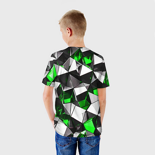 Детская футболка Зелёно-белые рельефные треугольники на чёрном фоне / 3D-принт – фото 4