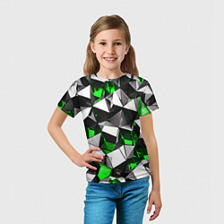 Футболка детская Зелёно-белые рельефные треугольники на чёрном фоне, цвет: 3D-принт — фото 2