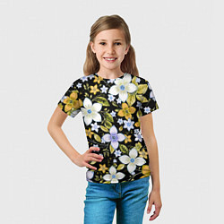 Футболка детская Жёлто-белые цветы на чёрном фоне, цвет: 3D-принт — фото 2