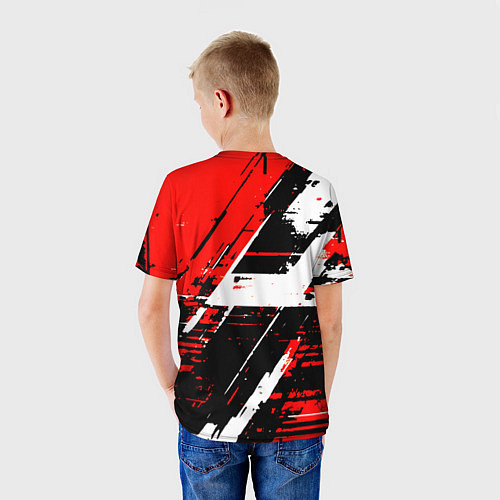 Детская футболка Diagonal black and white stripes on a red backgrou / 3D-принт – фото 4