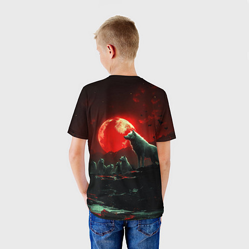 Детская футболка Белый волк на фоне красной луны / 3D-принт – фото 4