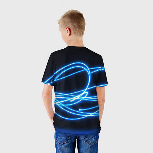 Детская футболка Неоновые голубые волны на черном фоне / 3D-принт – фото 4