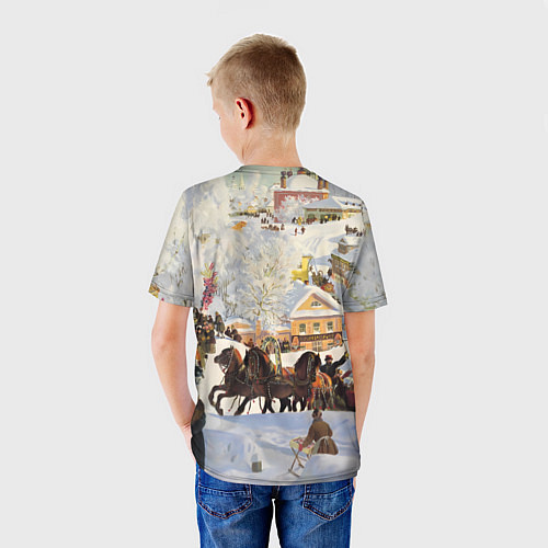 Детская футболка Русская тройка зимой - картина Масленица Кустодиев / 3D-принт – фото 4