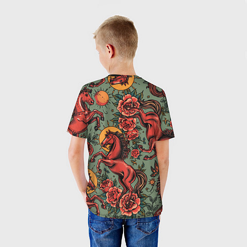 Детская футболка Красный конь и розы / 3D-принт – фото 4