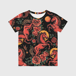 Детская футболка Красная лошадь с розами