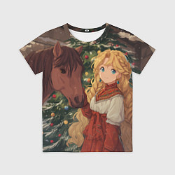 Детская футболка Аниме девочка с лошадкой встречают Новый год