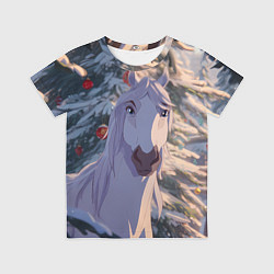 Детская футболка Белая лошадь на фоне елки