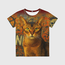 Детская футболка Абиссинская кошка на фоне кирпичной стены с граффи