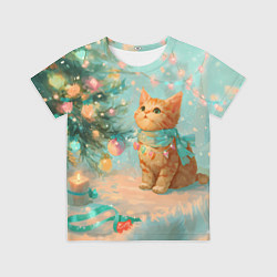 Футболка детская Милый рыжий котенок любуется елкой, цвет: 3D-принт