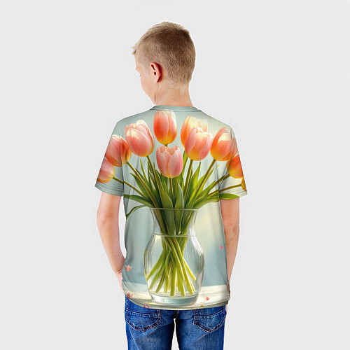 Детская футболка Нежно-розовые тюльпаны в лучах весны / 3D-принт – фото 4