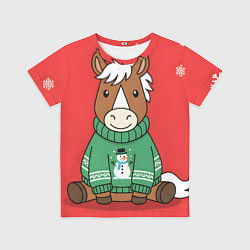 Детская футболка Новогодняя лошадка в зеленом свитере