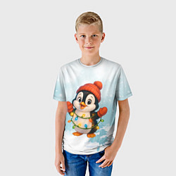 Футболка детская Пингвинчик в свете зимних огней, цвет: 3D-принт — фото 2