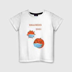 Футболка хлопковая детская Halloween 2021 , тыква в маске и коронавирус, цвет: белый