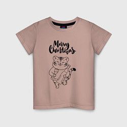Футболка хлопковая детская Merry Christmas Тигр с Шампанским, цвет: пыльно-розовый