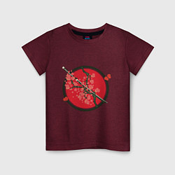 Детская футболка Японский меч, катана и ветви с красными цветами