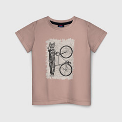 Футболка хлопковая детская Котик велосипедист, цвет: пыльно-розовый