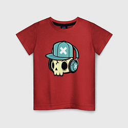 Футболка хлопковая детская Прикольный черепок - меломан Cool skull - music lo, цвет: красный