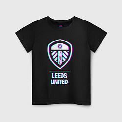 Футболка хлопковая детская Leeds United FC в стиле Glitch, цвет: черный