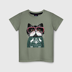 Детская футболка Умный кот в очках в новогоднем свитере