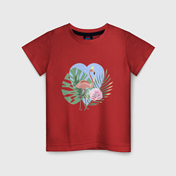Детская футболка Розовый фламинго на фоне пальмовых листьев и сердц