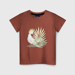 Детская футболка Белый попугай с хохолком на фоне листьев пальмы