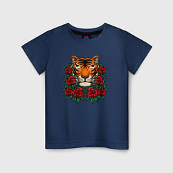 Футболка хлопковая детская Тигр в розах, цвет: тёмно-синий