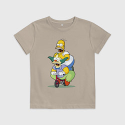 Футболка хлопковая детская Гомер Симпсон и Клоун Красти едут на детском велос, цвет: миндальный