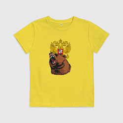 Футболка хлопковая детская Патриотичный медведь на фоне герба, цвет: желтый