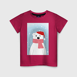 Детская футболка Мультяшный белый медведь в красной шапке с шарфом