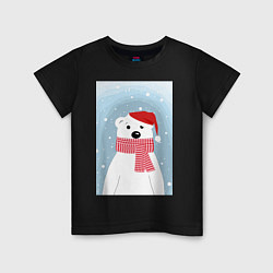 Детская футболка Мультяшный белый медведь в красной шапке с шарфом
