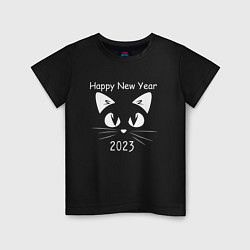 Футболка хлопковая детская С новым 2023 годом котик, цвет: черный