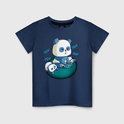 Футболка хлопковая детская Панда геймер с малышами, цвет: тёмно-синий