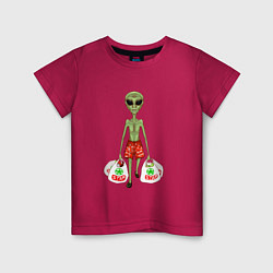Футболка хлопковая детская Пришелец на земле с покупками, цвет: маджента