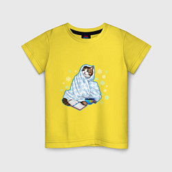 Футболка хлопковая детская Зимний кот в одеялке с книгой, цвет: желтый