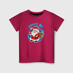 Футболка хлопковая детская Мультяшный Санта Клаус с мешком подарков, цвет: маджента
