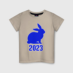 Футболка хлопковая детская 2023 силуэт кролика синий, цвет: миндальный