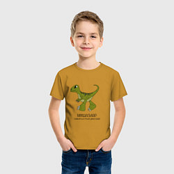 Футболка хлопковая детская Динозаврик Мишазавр, велоцираптор Миша, цвет: горчичный — фото 2
