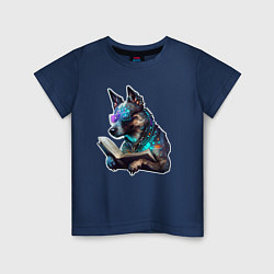 Футболка хлопковая детская Киберпанк собака с книгой, цвет: тёмно-синий