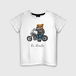 Футболка хлопковая детская Крутой мотоциклист медведь, цвет: белый