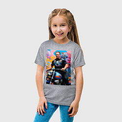 Футболка хлопковая детская Арнольд Шварценеггер - крутой байкер - нейросеть, цвет: меланж — фото 2