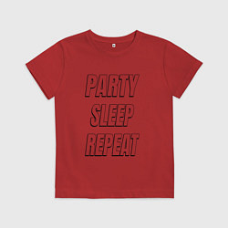Футболка хлопковая детская Party sleep repeat надпись с тенью, цвет: красный