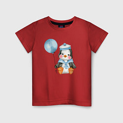 Футболка хлопковая детская Пингвин с синим шариком, цвет: красный